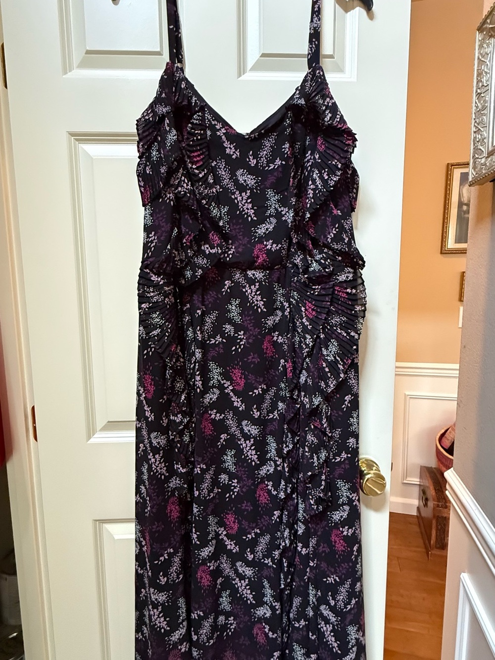 Women’s Black Floral Ruffle Dress with Pink & Purple Accents (NWOT)